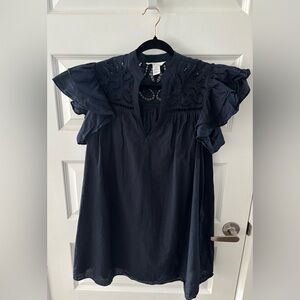 H&M Navy Blue Eyelet Dress with Ruffle Sleeves